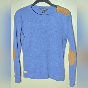Ralph Lauren Black Label Preppy Chic Faux Suede Elbow Patch Sweater, Small